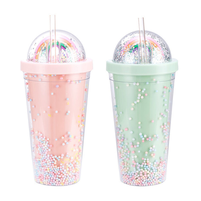 Rainbow Bubble Straw Cup Cold Drink Juice Plastic Tumbler