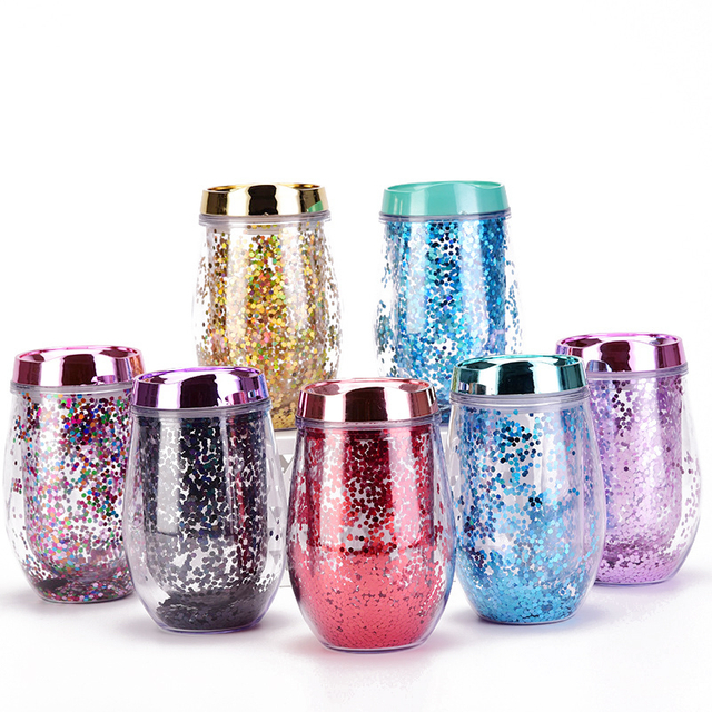 Glitter Plastic Water Cup With Lid Double Layer Cold Drink Cup
